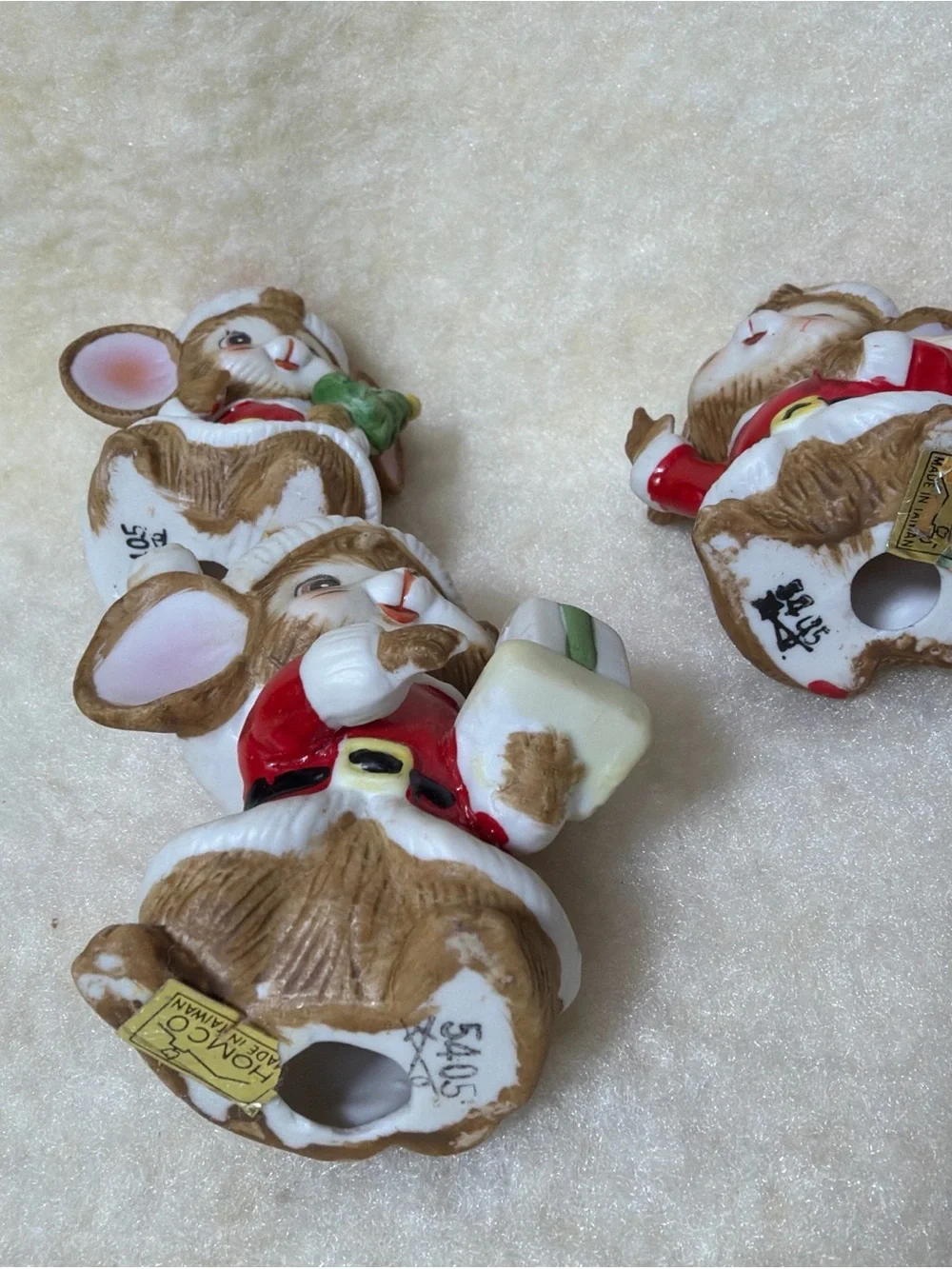 Homco Vintage Holiday Mouse Figurine Set - Red & White Small Ceramic Decor